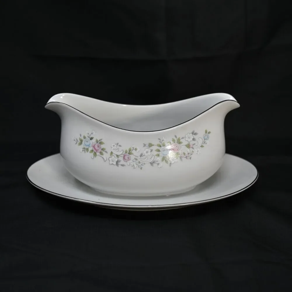 Vintage Carlton Corsage 481 Japan Gravy Boat Underplate Floral Platinum